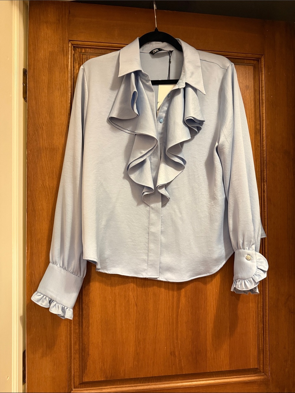 Zara Light Blue Ruffle Front Button-Down Blouse